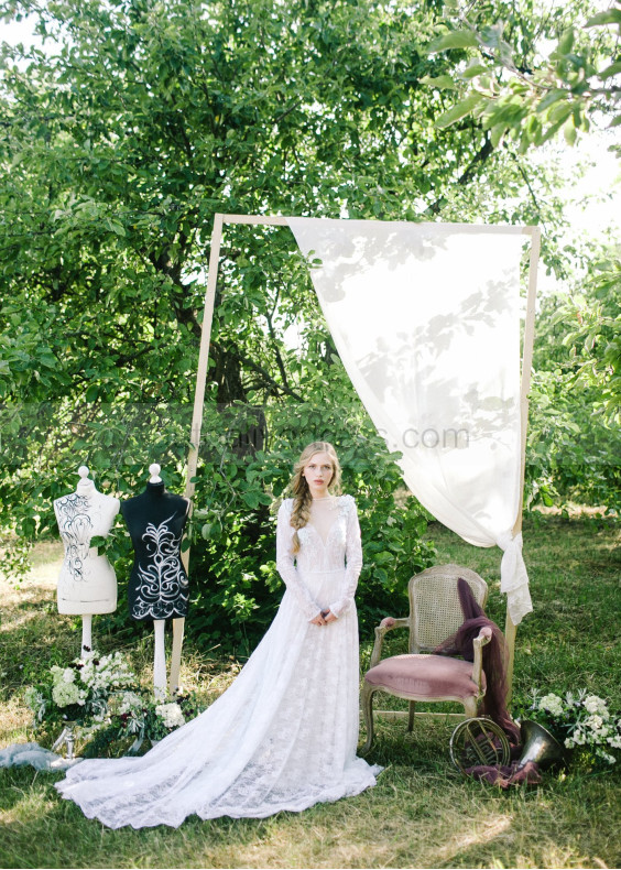 Long Sleeve Ivory Lace V Back Wedding Dress